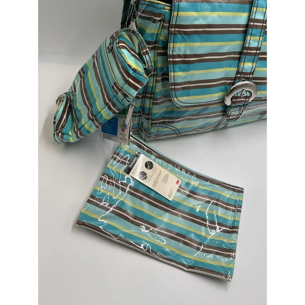 Kalencom Diaper Bag Messenger Turquoise Stripe Laminated Crossbody Set NWT